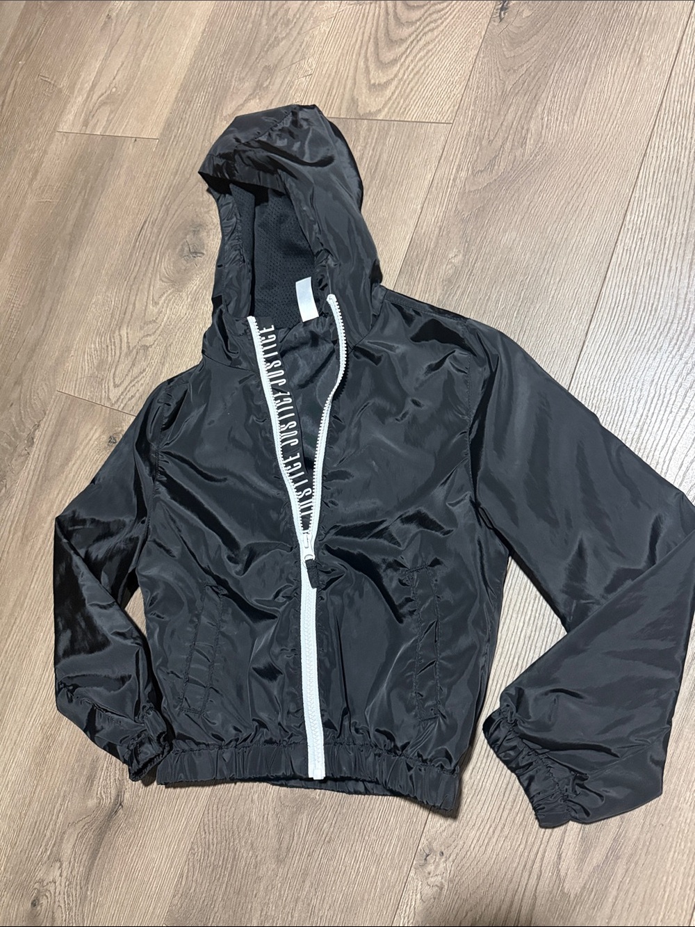 Justice Black Hooded Jacket with White Zipper